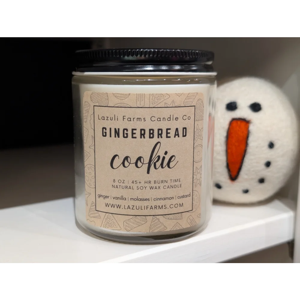 Gingerbread cookie scented soy wax candle jar from Lazuli Farms Candle Co
