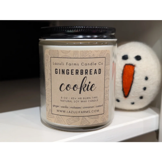 Gingerbread cookie scented soy wax candle jar from Lazuli Farms Candle Co