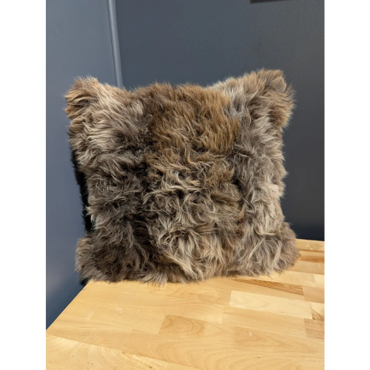 Gorgeous british sheepskin cushion with plush shaggy brown fur and unbleached cotton canvas backing