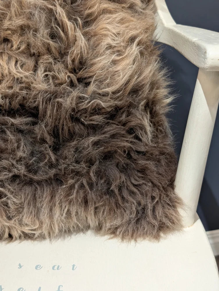 Gorgeous british sheepskin cushion with plush shaggy brown wool and soft curly texture on unbleached cotton canvas backing
