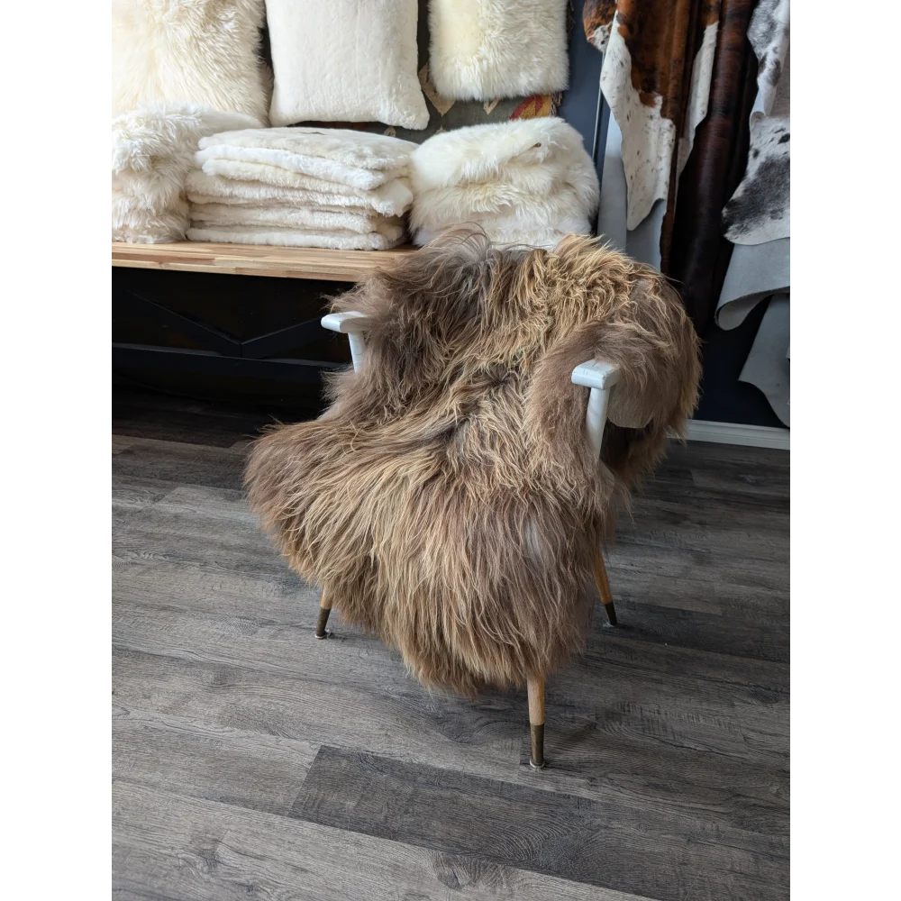Gorgeous bronze Icelandic sheepskin chair with curved legs