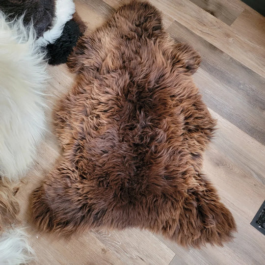Gorgeous fluffy British sheepskin rug with brown natural texture