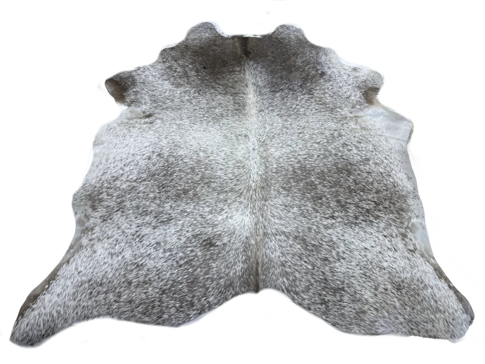 Gorgeous grey mix #7 large cowhide rug with gray and white speckled pattern and unique rustic charm arriving soon
