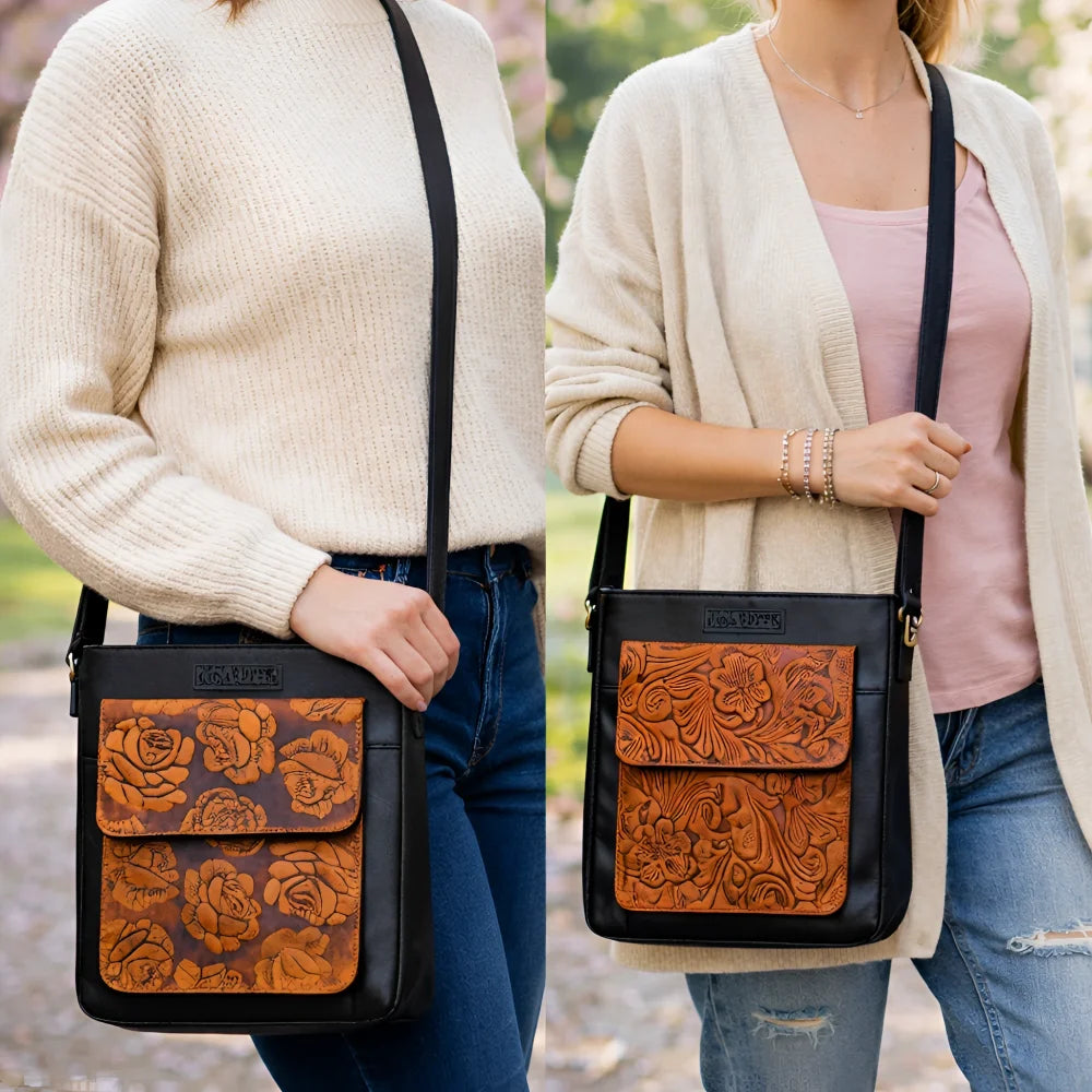 Gorgeous embossed genuine leather crossbody bag with tan floral design