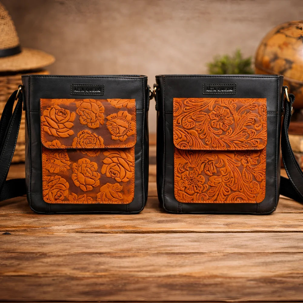 Genuine leather crossbody bags with orange embossed floral designs