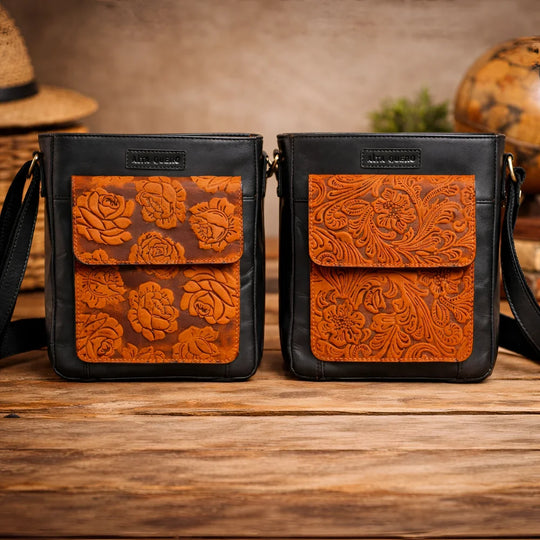 Genuine leather crossbody bags with orange embossed floral designs