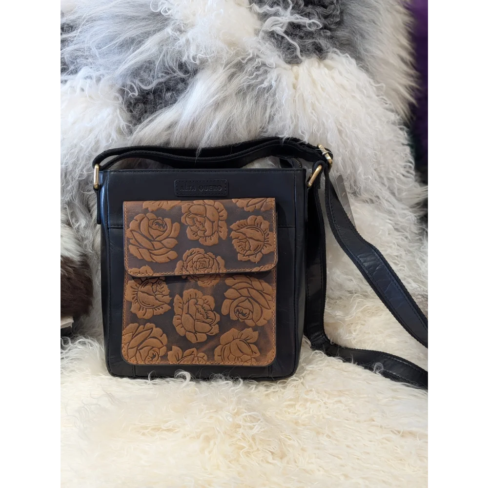 Black embossed genuine leather crossbody bag with brown rose front flap