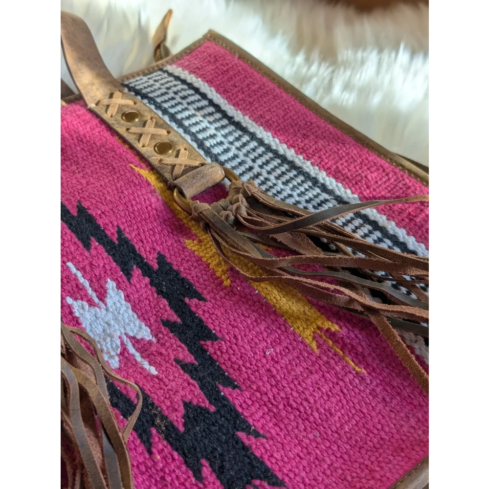 Gorgeous wool and leather pink wool country medium bag with vibrant geometric patterns and hand-tooled leather accents