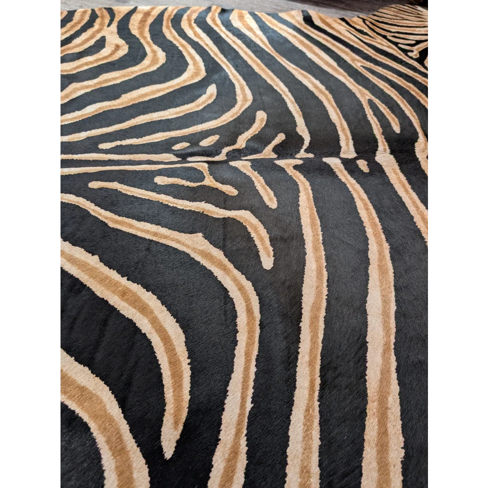 Gorgeous zebra printed cowhide rug with black and tan zebra stripes plush texture by angus oliver large cowhide with unique characteristics