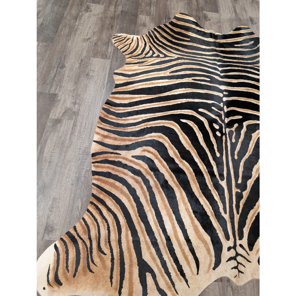 Gorgeous zebra printed large cowhide rug by angus oliver with black and tan zebra stripes and unique irregular edges
