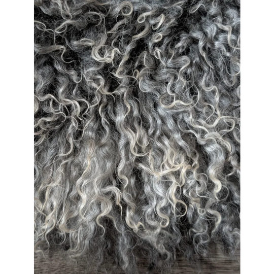 Close-up of curly gray Gotland sheepskin texture from Oliver Luxury Sheepskins