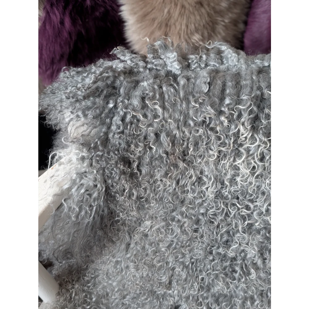 Grey curly Gotland sheepskin fur coat with silver lining, purple accents, 50x29 inches