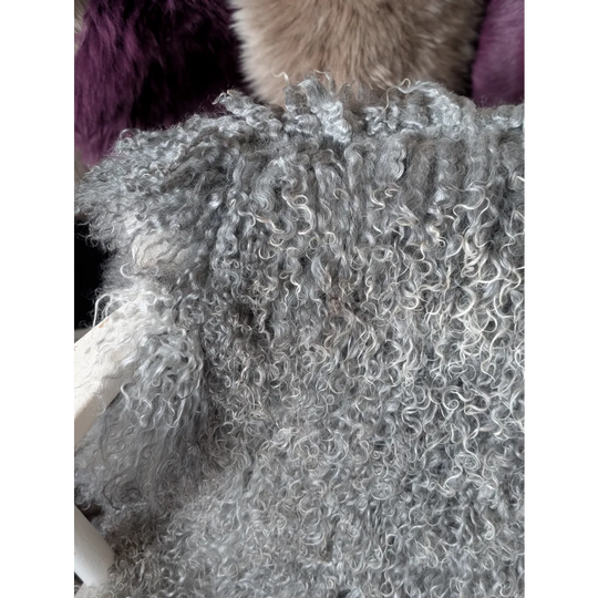 Grey curly Gotland sheepskin fur coat with silver lining, purple accents, 50x29 inches