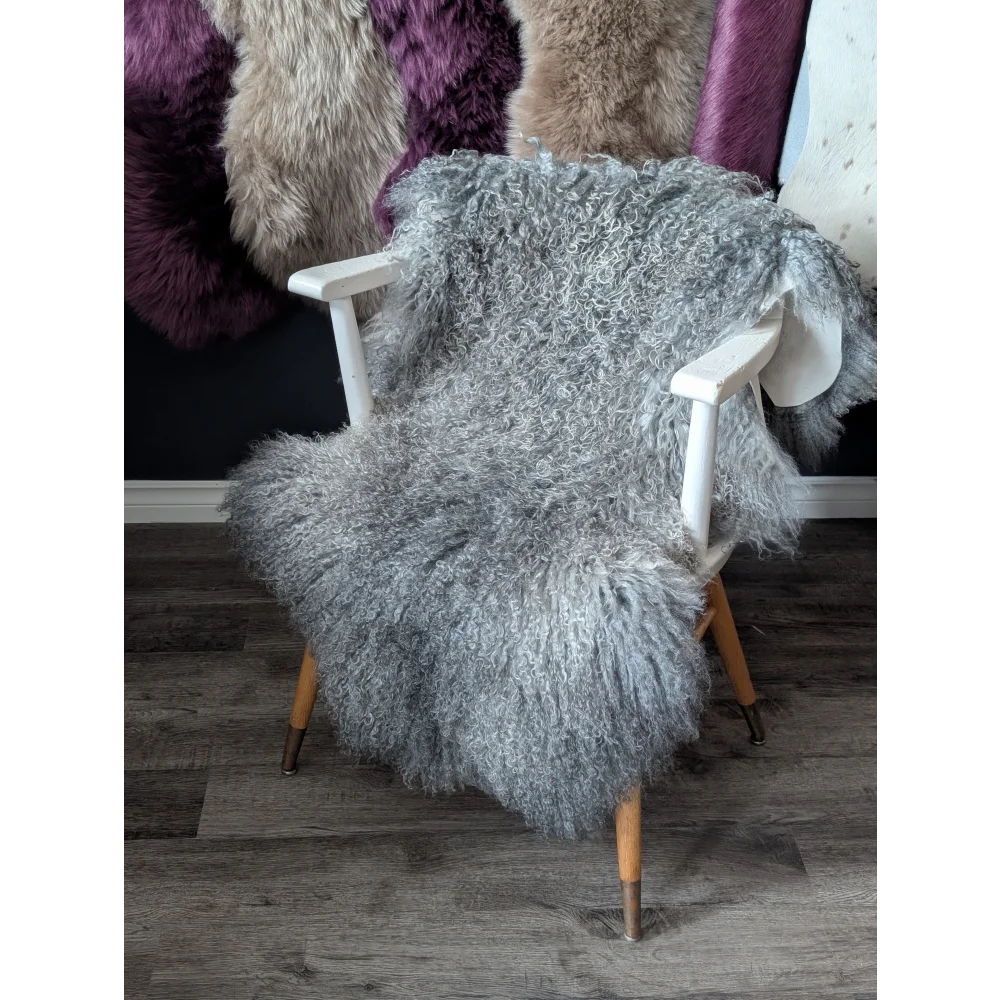Gotland sheepskin grey fur chair with wooden legs, 52x31