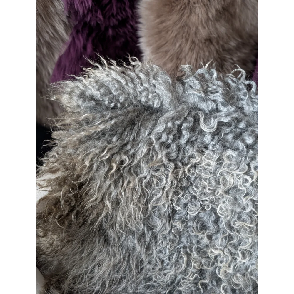 Gotland sheepskin silver curly fur pillow cover, 44x30 textured soft neutral tones