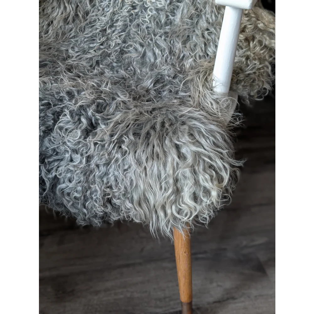 Gotland sheepskin gray armchair with wooden legs, 44x30 inches
