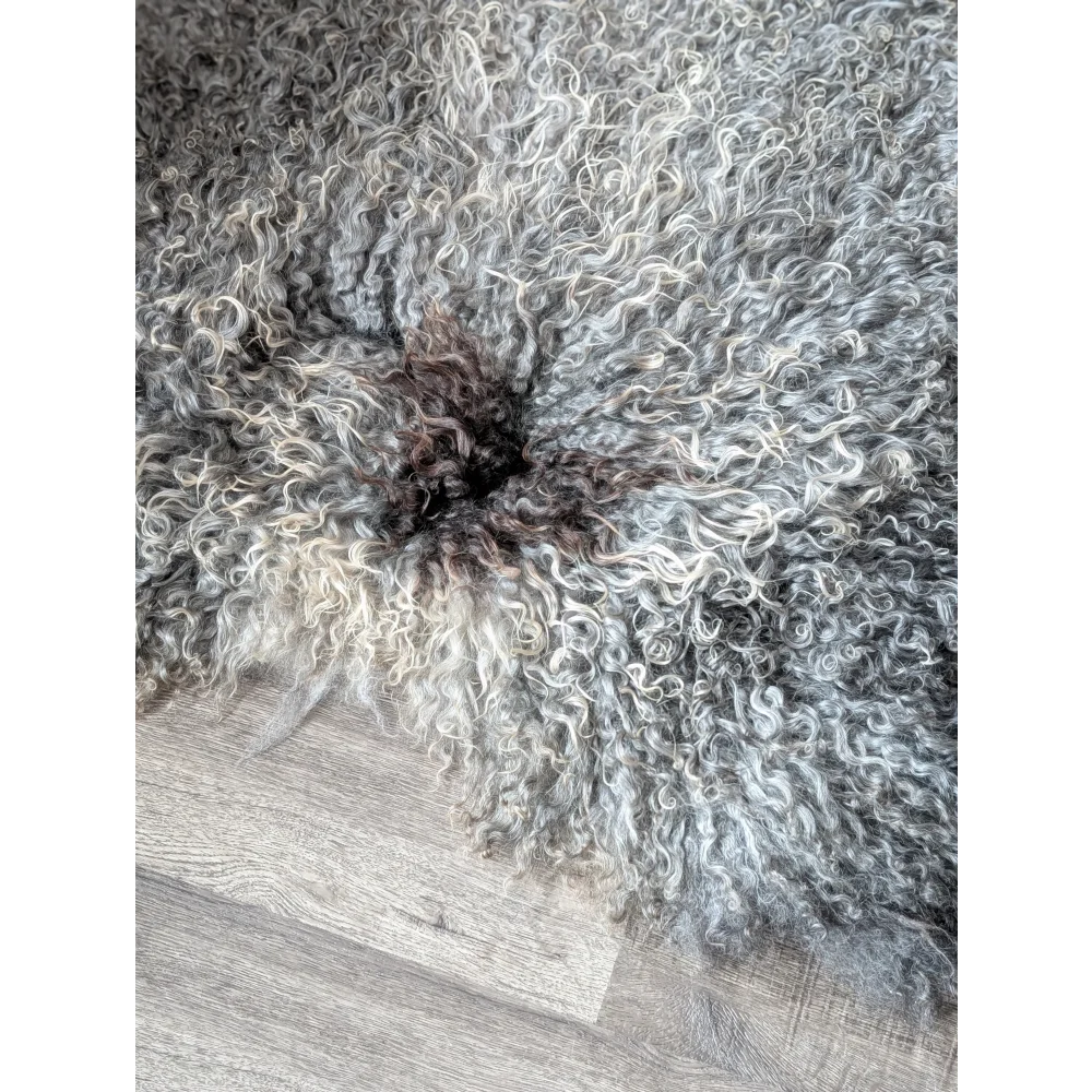 Gray curly Gotland sheepskin rug 52x31 with dark brown center
