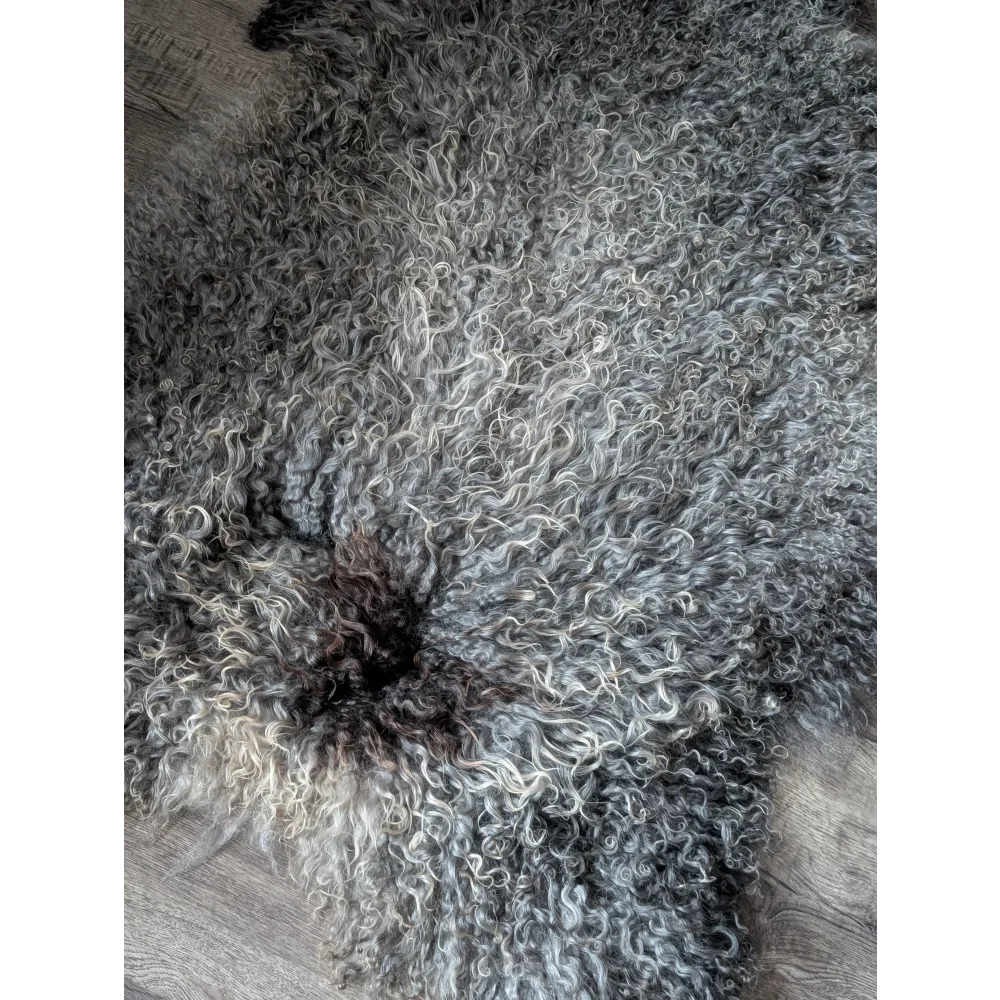 Cozy curly gray Gotland sheepskin throw blanket 52x31 with black accents
