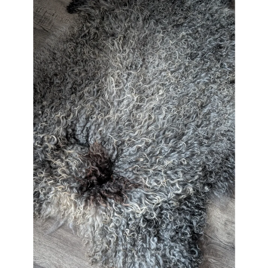 Cozy curly gray Gotland sheepskin throw blanket 52x31 with black accents