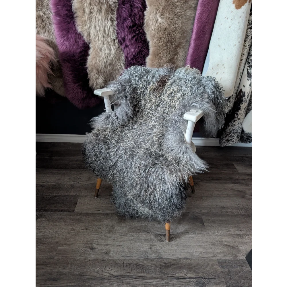 Gray fur Gotland sheepskin armchair 52x31 with white metal frame