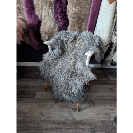 Gray fur Gotland sheepskin armchair 52x31 with white metal frame