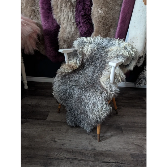 Gray white faux fur armchair with wooden legs, gotland sheepskin 52x31