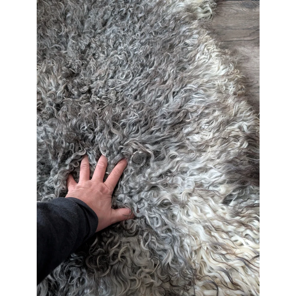 Soft curly grey and white Gotland sheepskin rug 52x31 by Oliver Luxury Sheepskins