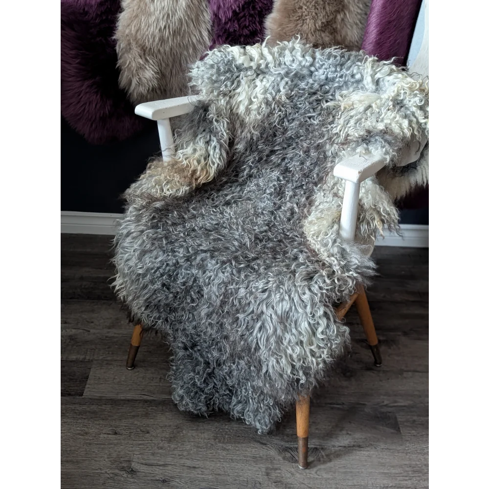 Gotland sheepskin 52x31 gray white fur throw with wooden legs
