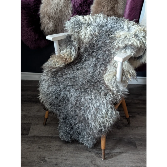 Gotland sheepskin 52x31 gray white fur throw with wooden legs