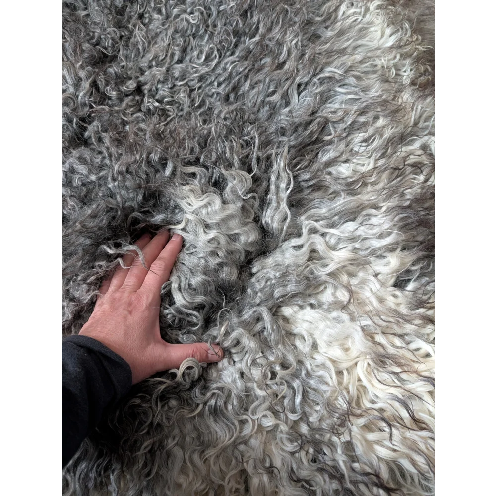 Curly gray Gotland sheepskin rug 52x31 with soft natural texture