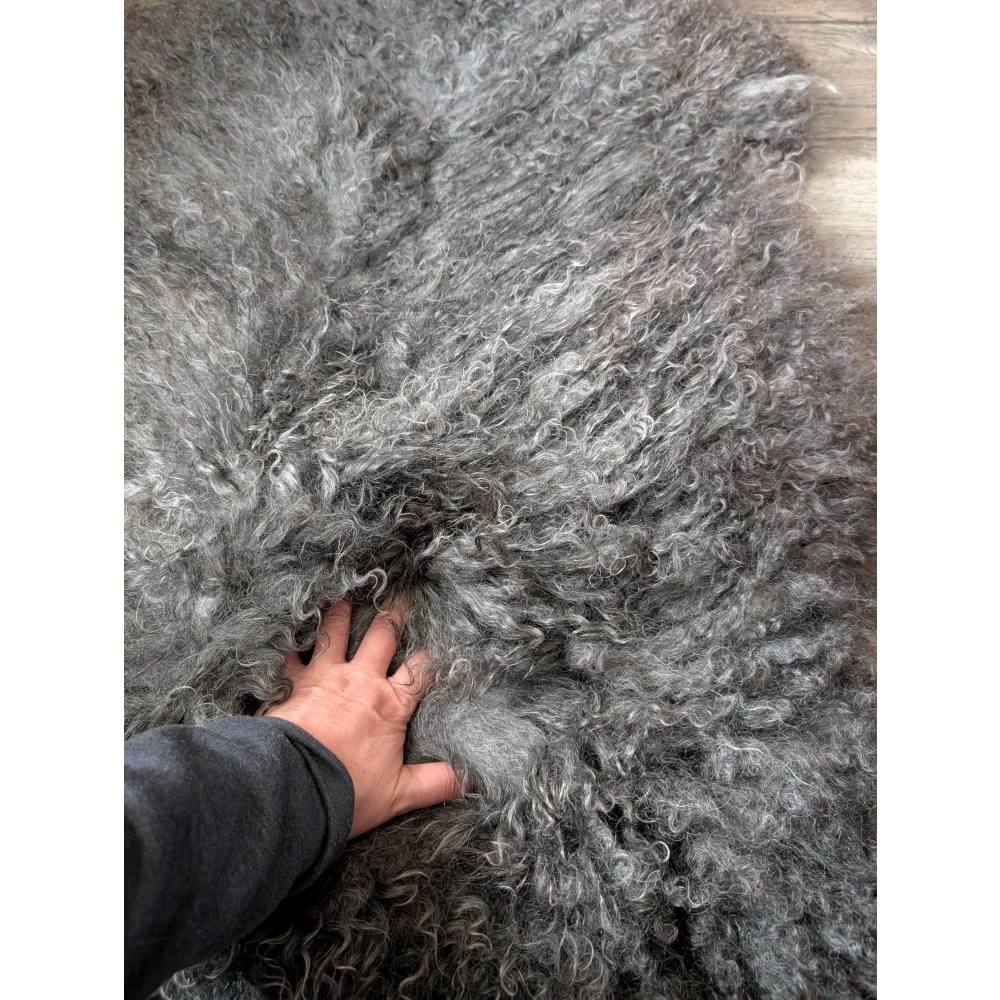 Gotland sheepskin rug 52x31 with curly grey fibers and natural texture