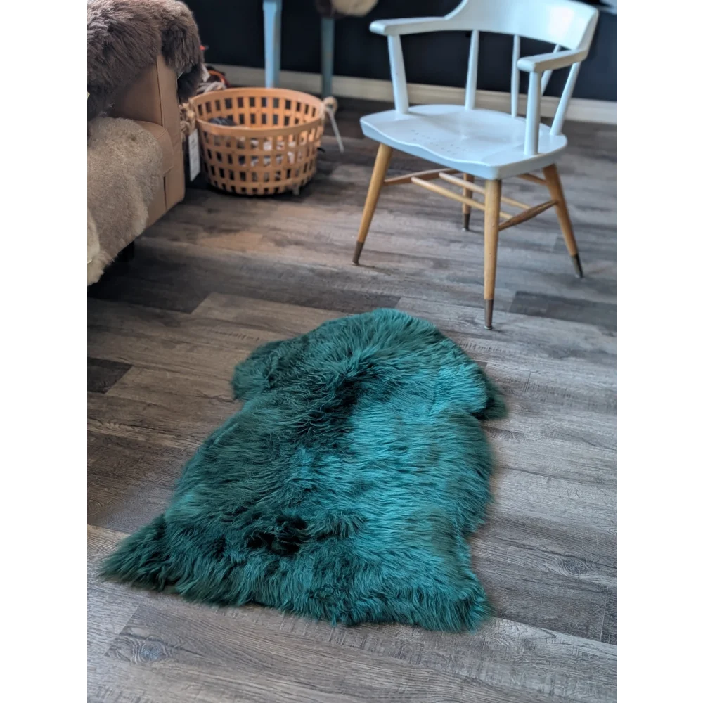 Gorgeous green merino sheepskin rug with teal faux fur plush texture