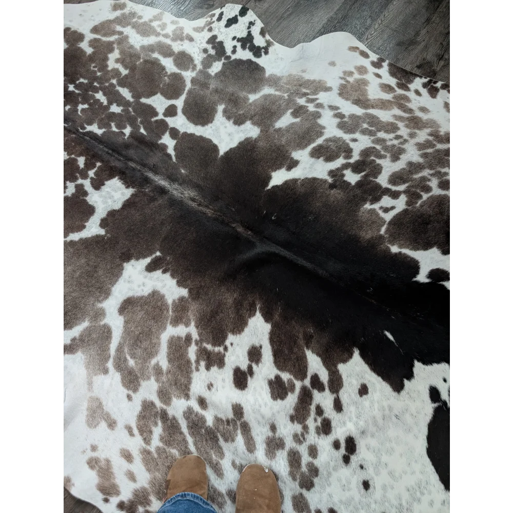 Greymix 895 extra large cowhide rug with white and brown natural pattern and irregular dark spots 96 by 78 inches