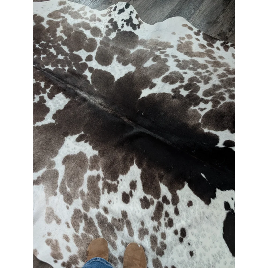 Greymix 895 extra large cowhide rug with white and brown natural pattern and irregular dark spots 96 by 78 inches