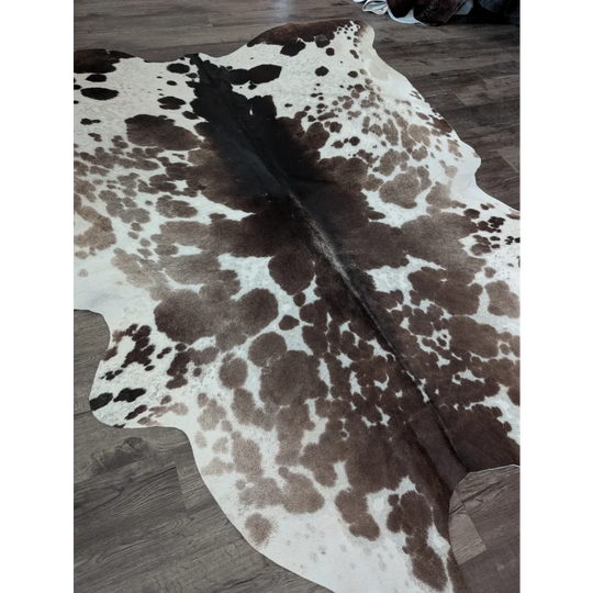 Brown and white spotted extra large cowhide rug greymix895 with natural fur texture 96 by 78 inches
