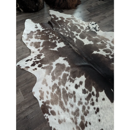 Greymix 895 extra large cowhide rug with brown and white natural patches measuring 96 by 78 inches