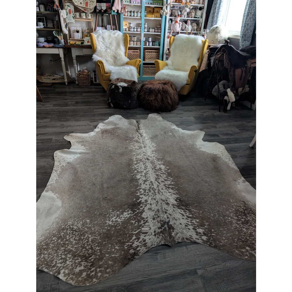 Brown and white extra large cowhide rug greymix#925 with natural irregular edges perfect for beautiful rugs