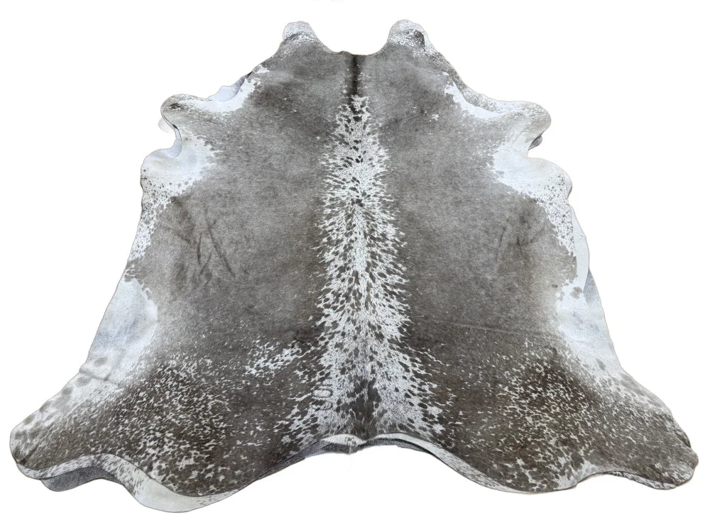 Greymix#925 extra large cowhide rug in gray and white with natural irregular edges, perfect for beautiful rugs lovers