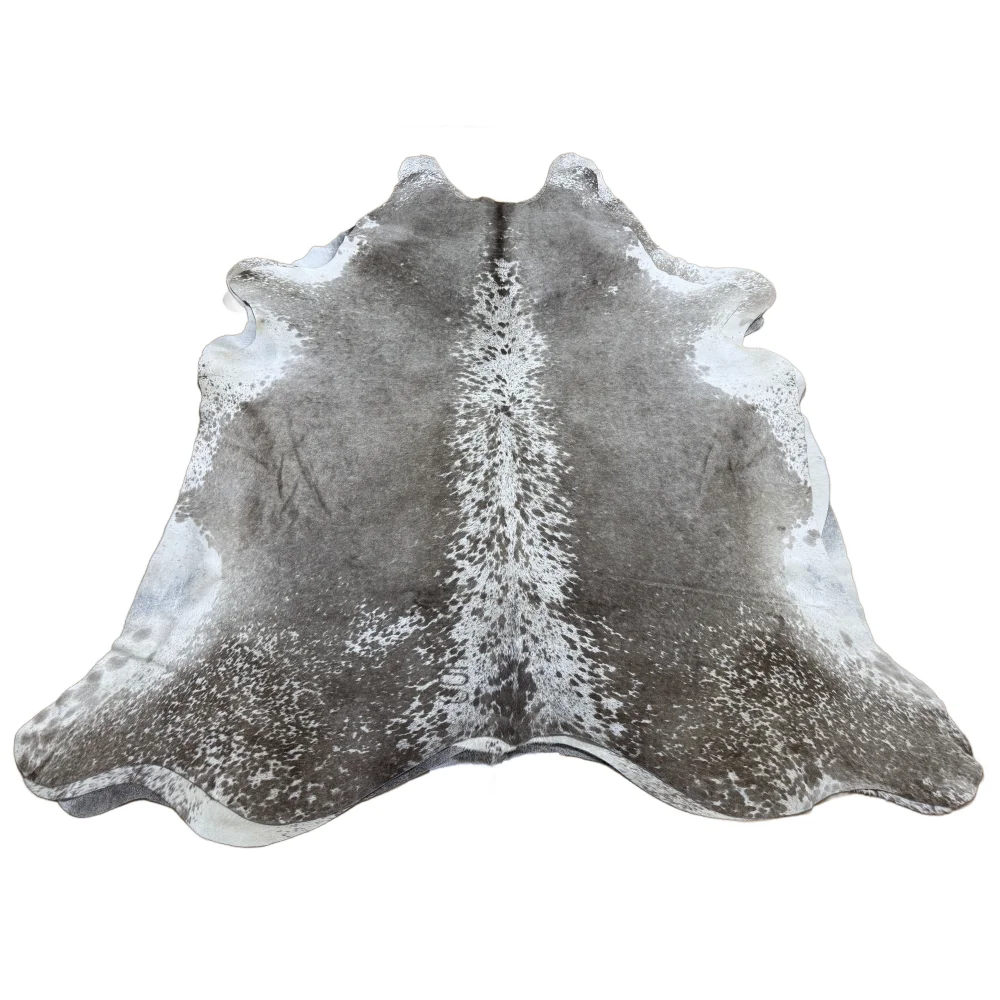 Greymix#925 extra large cowhide rug in gray and white with natural irregular edges, perfect for beautiful rugs lovers