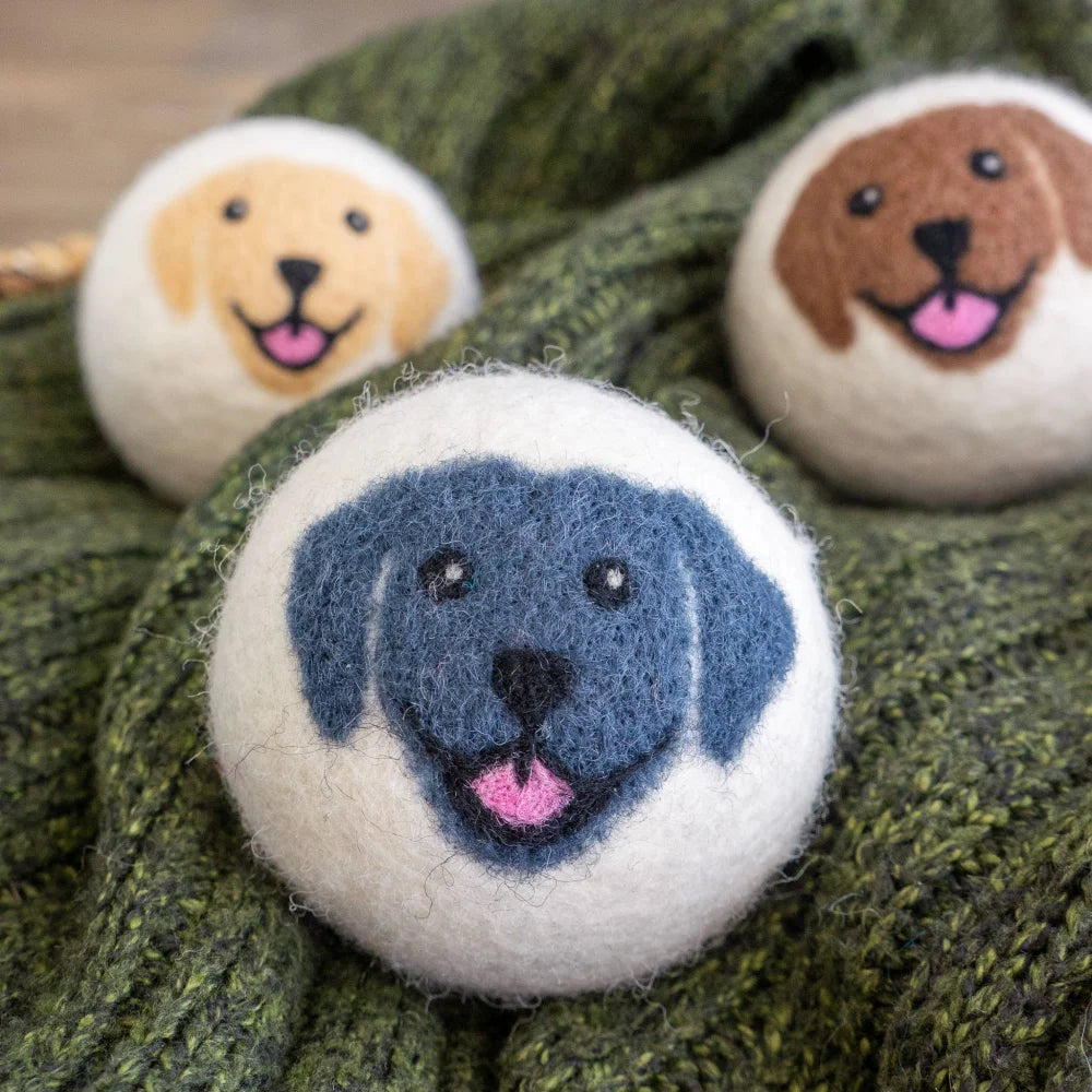 Happy Dogs eco dryer balls with cute felt dog face toy in 3 colors