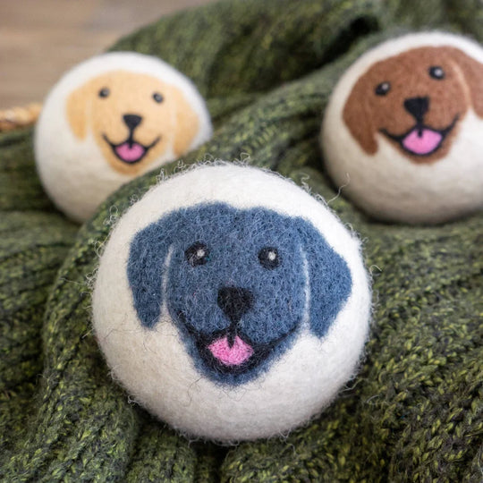 Happy Dogs eco dryer balls with cute felt dog face toy in 3 colors