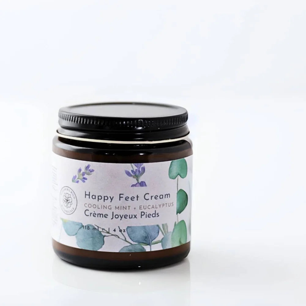 Happy Feet Peppermint Foot Cream jar with black lid, mint eucalyptus scent