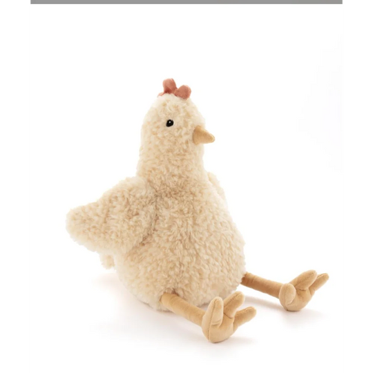 Cute cream Jellycat Harriet The Hen plush chicken toy with wooden legs and red comb