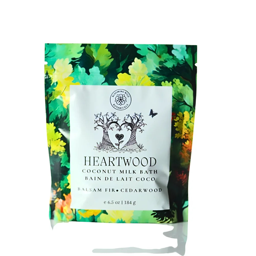 Heartwood coconut milk bath salt sachet 184g pouch with green yellow floral design and fir cedar orange scent