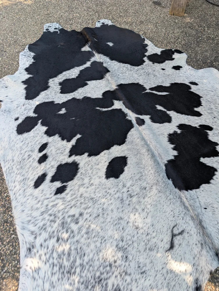 Large black and white cowhide rug with unique characteristics and rustic charm in a natural irregular patch pattern