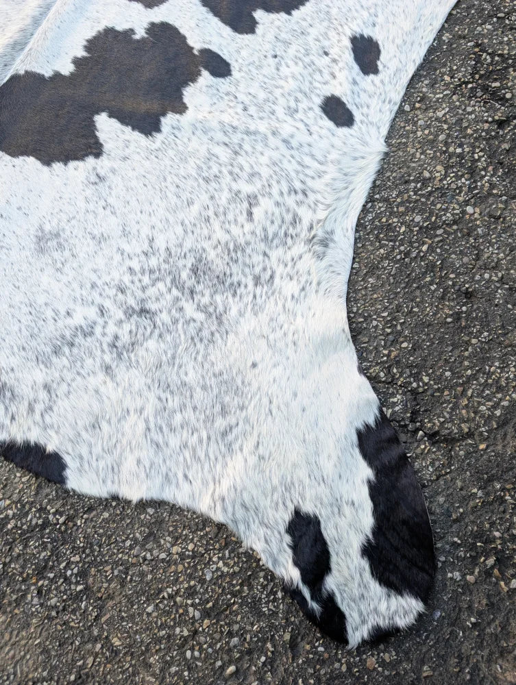 Hello#10 large cowhide rug in white and black with natural fur texture showcasing unique rustic charm
