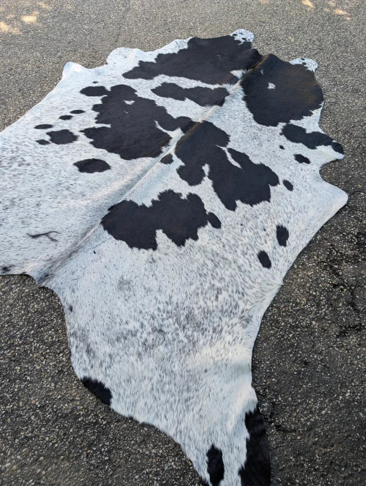 Hello 10 large black and white cowhide rug with natural fur texture showcasing unique characteristics and rustic charm