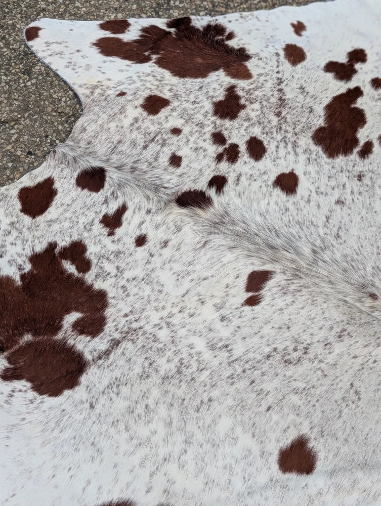 Hello12 large cowhide rug with brown and white spots and natural fur texture showcasing unique characteristics