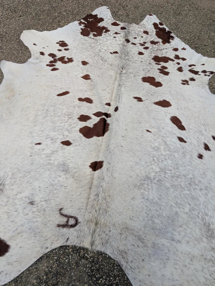 Large cowhide rug hello12 104 x 96 with beautiful white and brown spotted unique characteristics