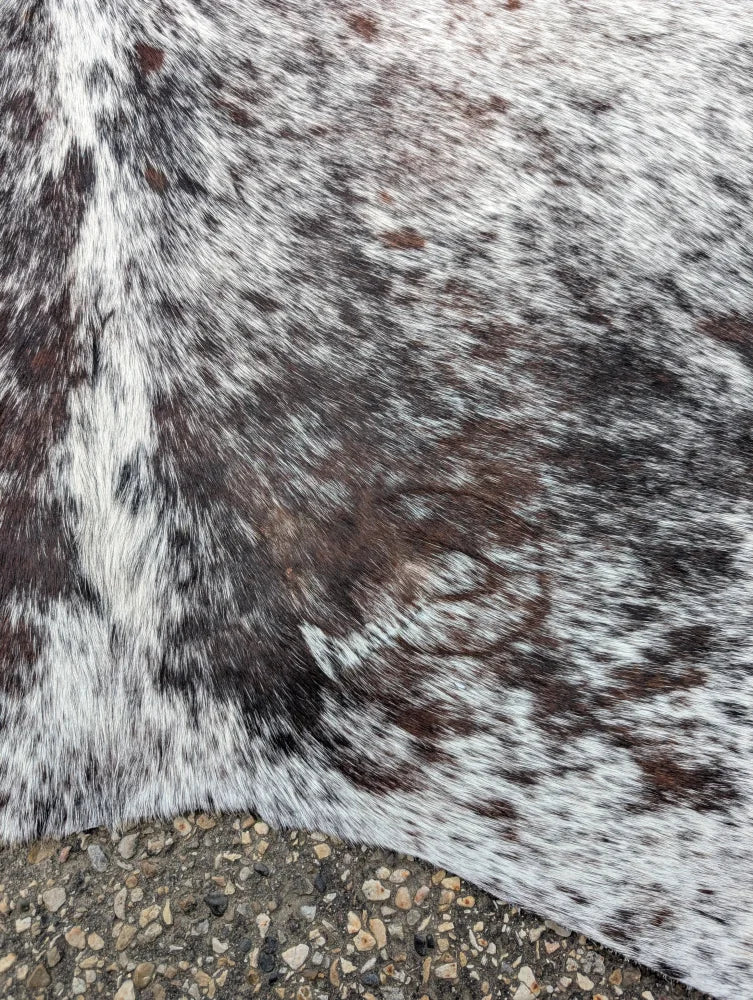 Hello13 89 x 80 extra large cowhide rug with white and dark brown speckled fuzzy texture and unique characteristics